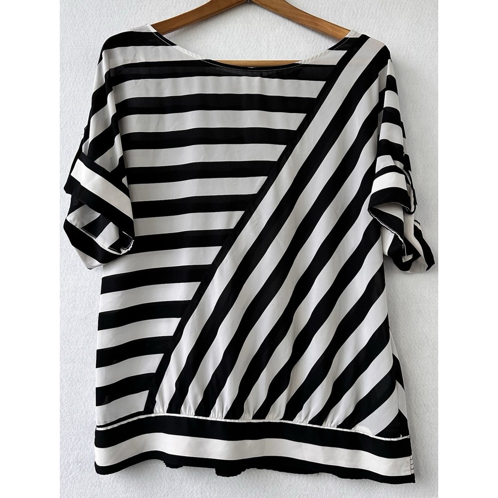 White House Black Market Blouse Striped Roll Tab Women M Black White Excellent